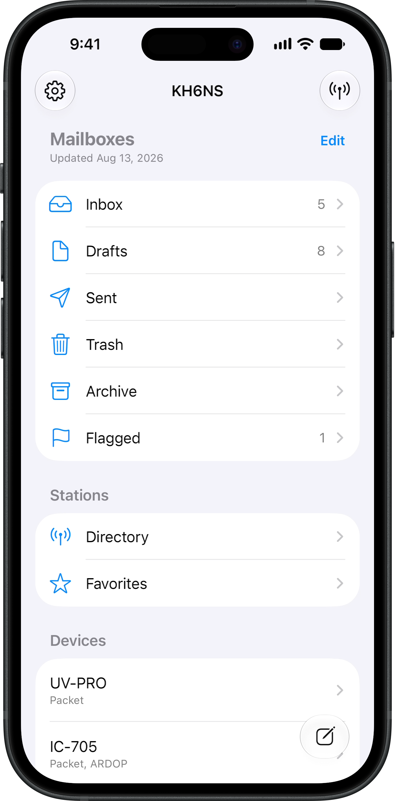 Mailboxes, stations, and devices home screen in RadioMail