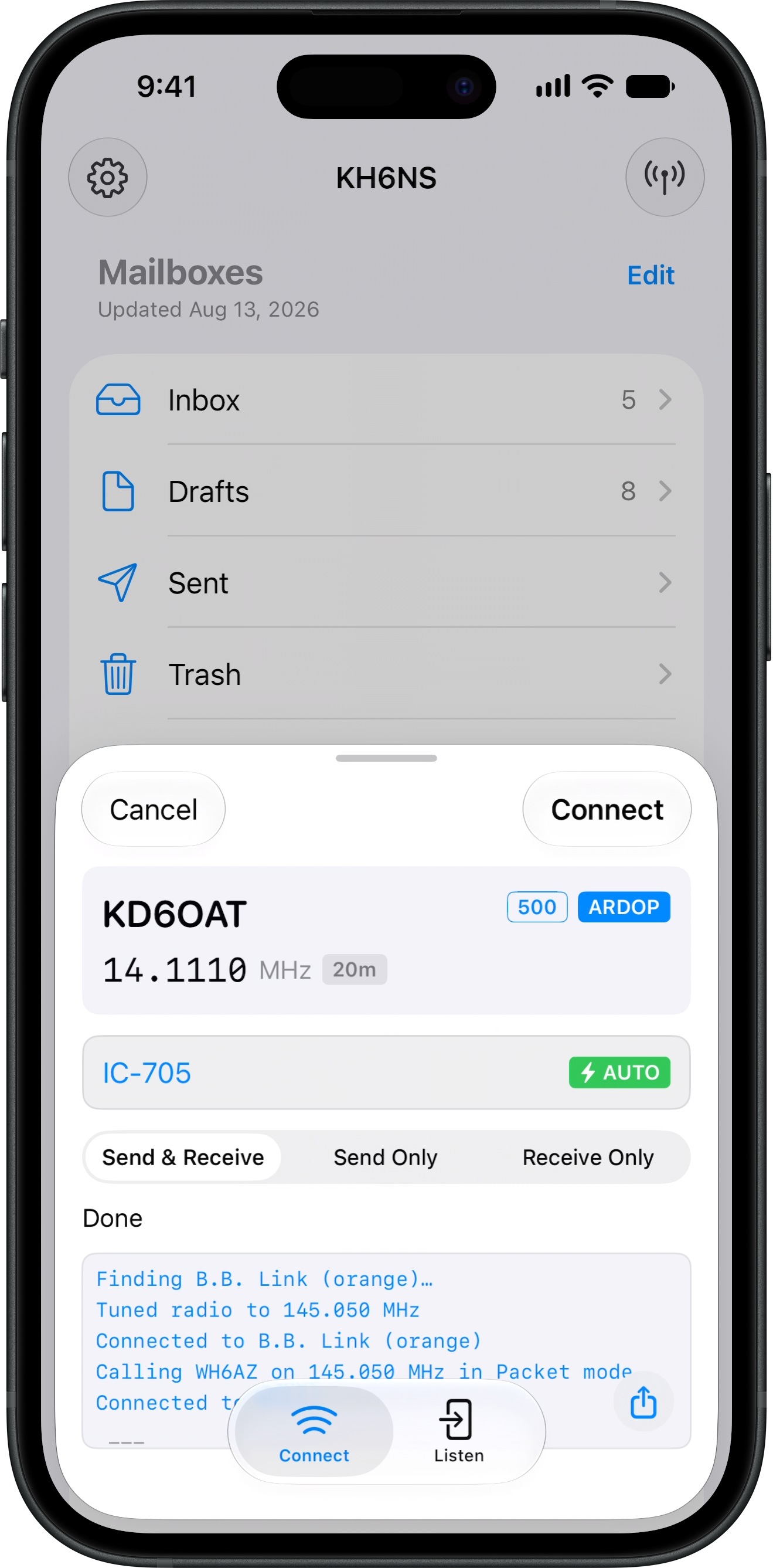 Connecting to a station with the IC-705 in RadioMail