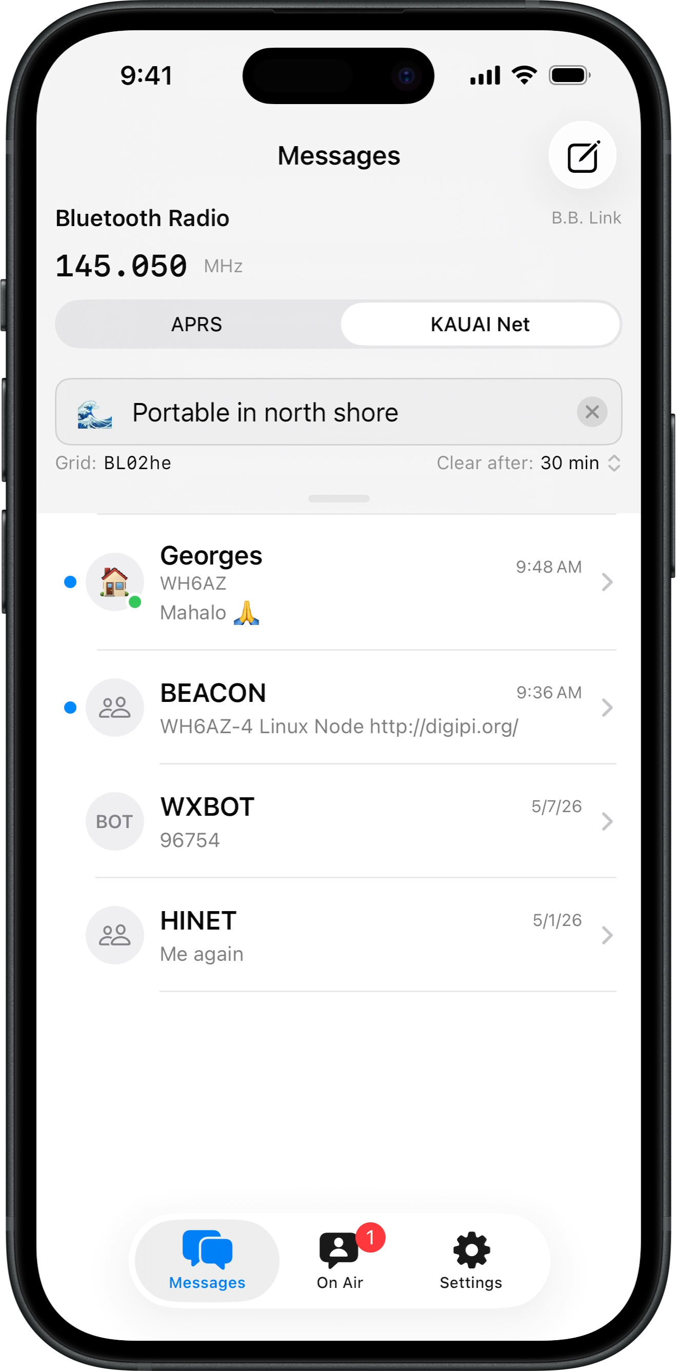 Messages list in Radio Messenger