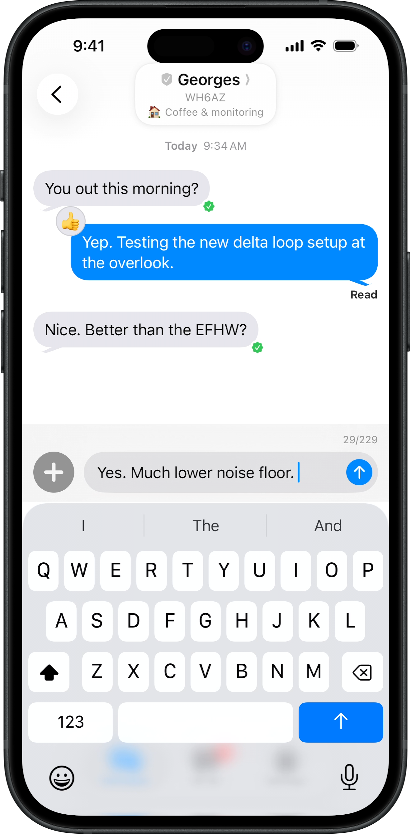 Chat thread with message bubbles in Radio Messenger