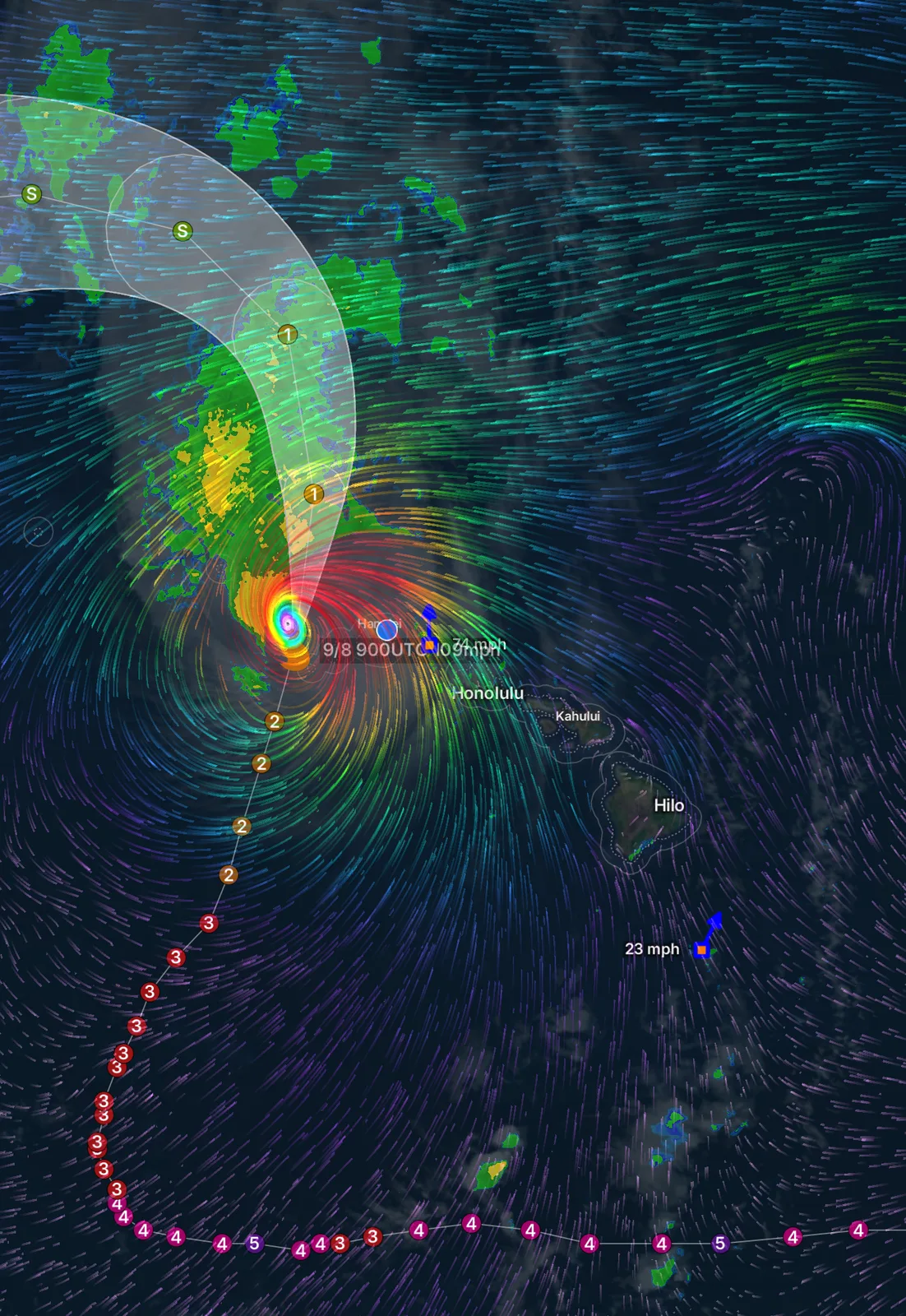 Radar track of Hurricane Lowell approaching Kauaʻi
